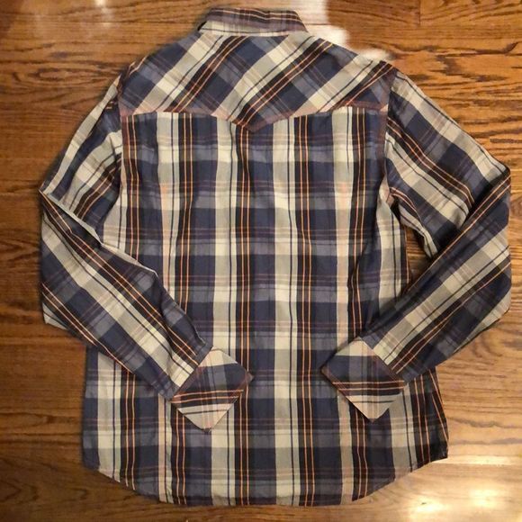 TRUE RELIGION Long Sleeve Navy Tan Orange Plaid Western Button Down Shirt 3XL - Picture 3 of 10